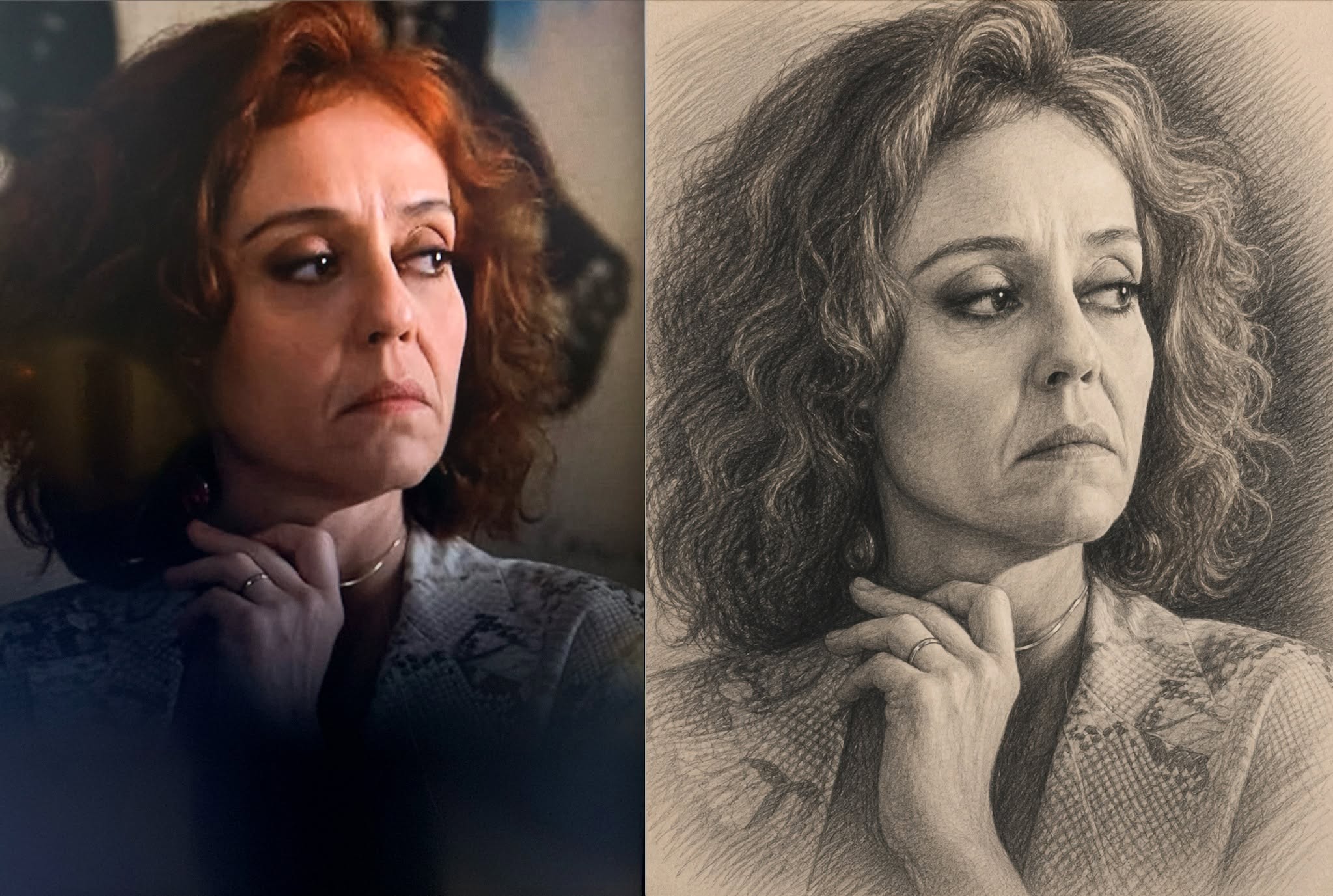 Left: the photograph of the actress. Right: the ChatGPT drawing.